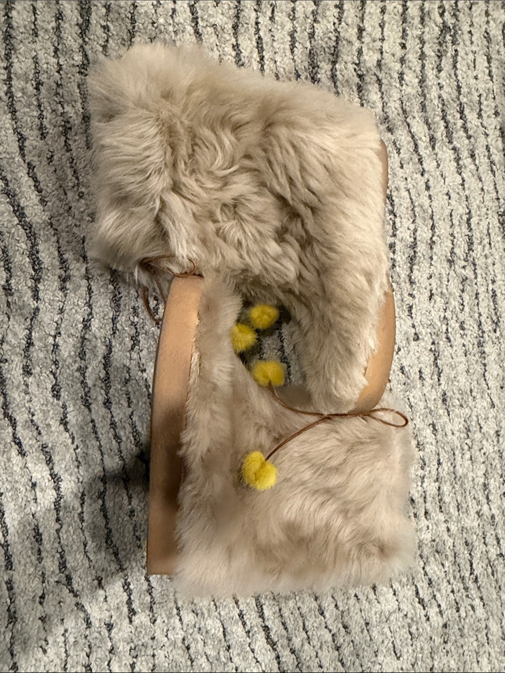 kate spade Beige Faux-Fur Ankle Boots with Yellow Pom-Poms size 7 - Picture 4 of 10